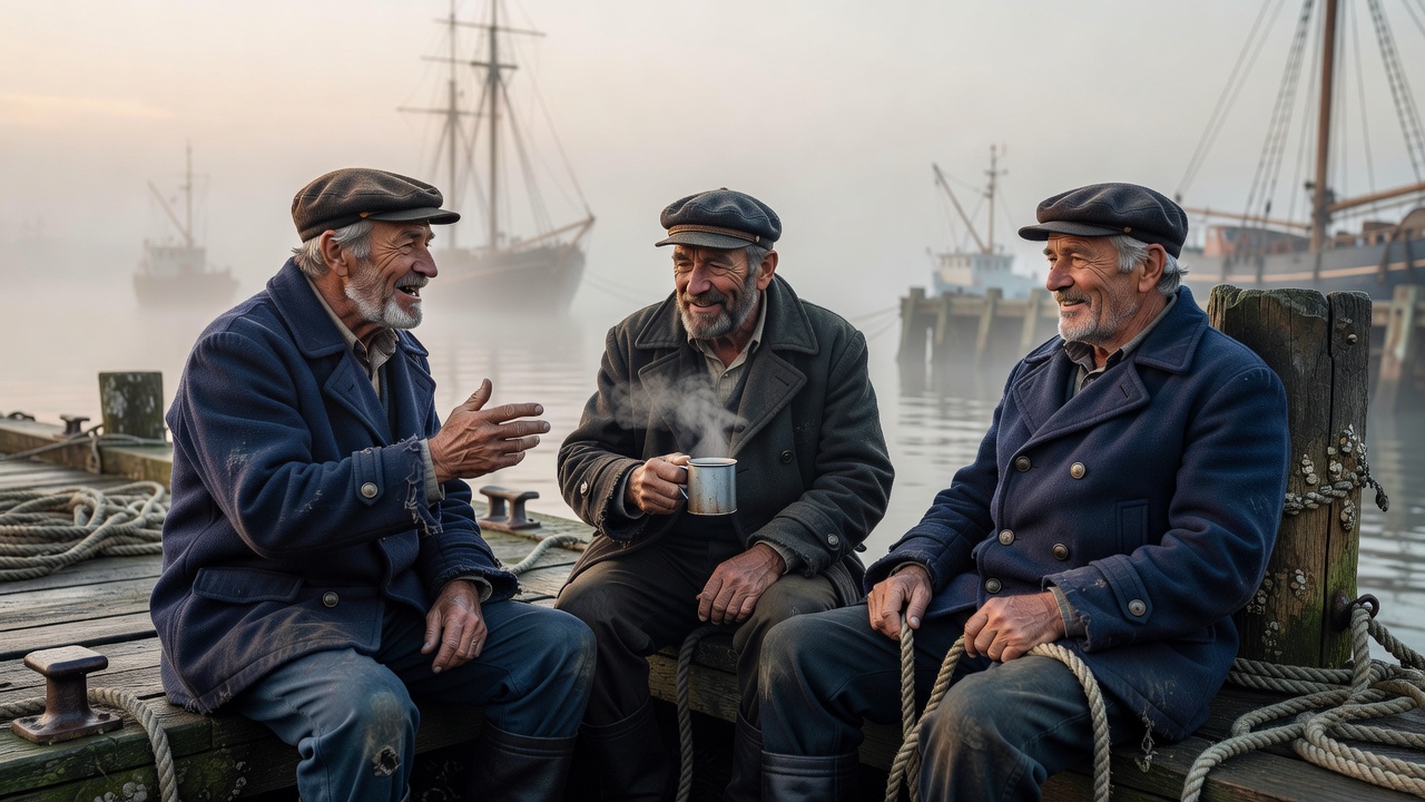 Sailors Share Tales from Mist-Covered Harbor Docks